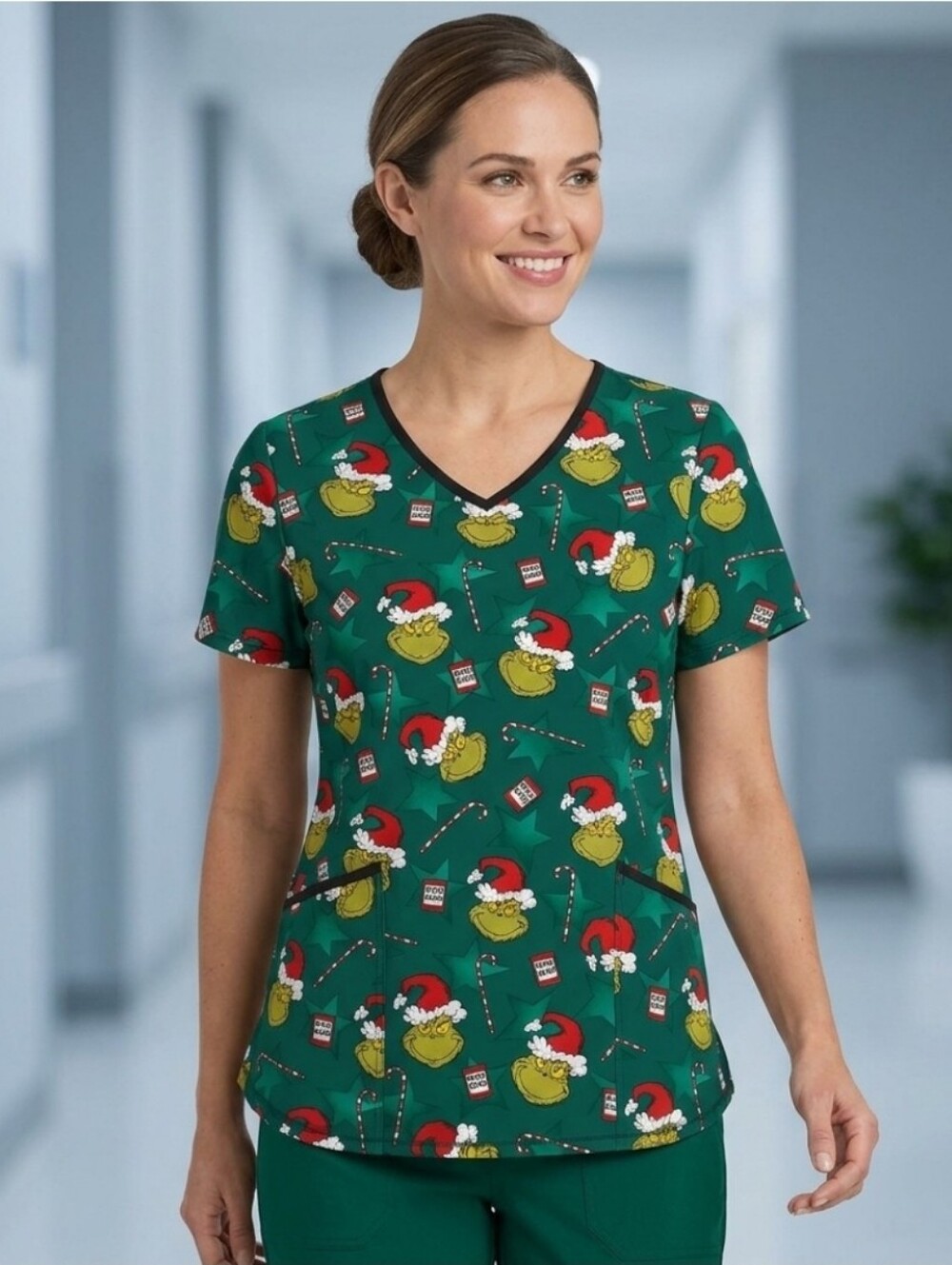 🛍The Grinch Green Scrub Top Shirt Christmas Womens Size XL Dr Seuss
